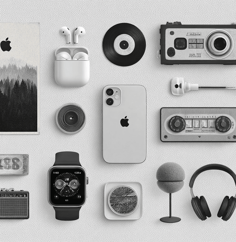 iphone 11 con airpods y apple watch en composición minimalista
