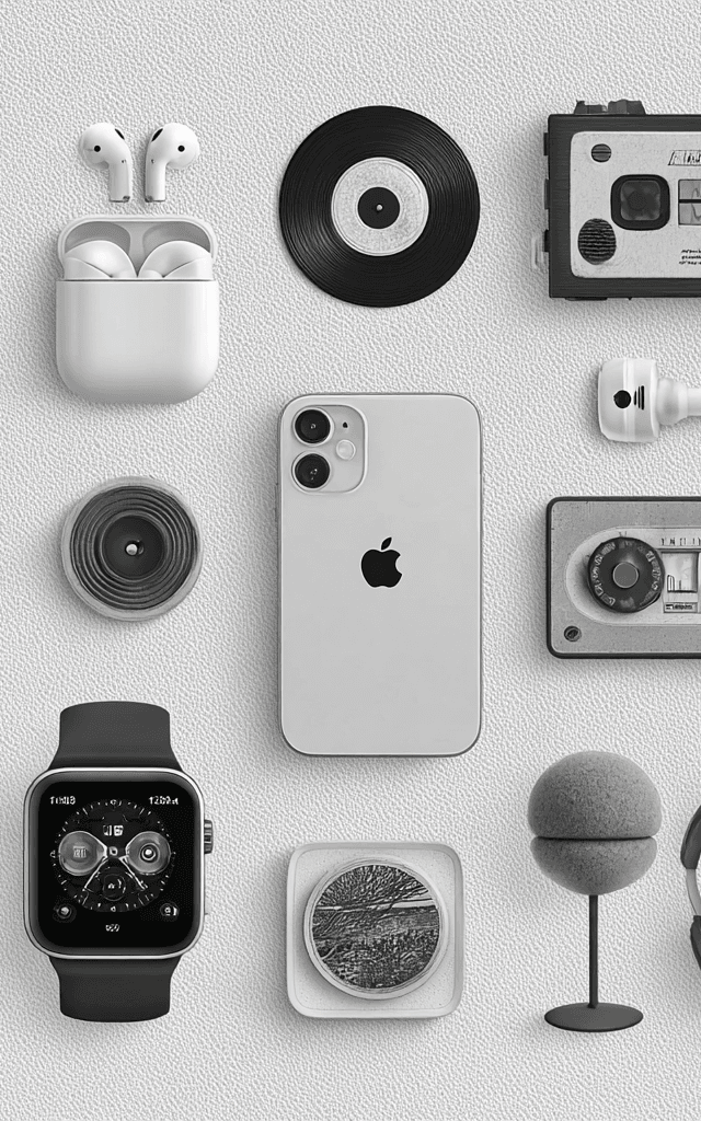iphone 11 con airpods y apple watch en composición minimalista