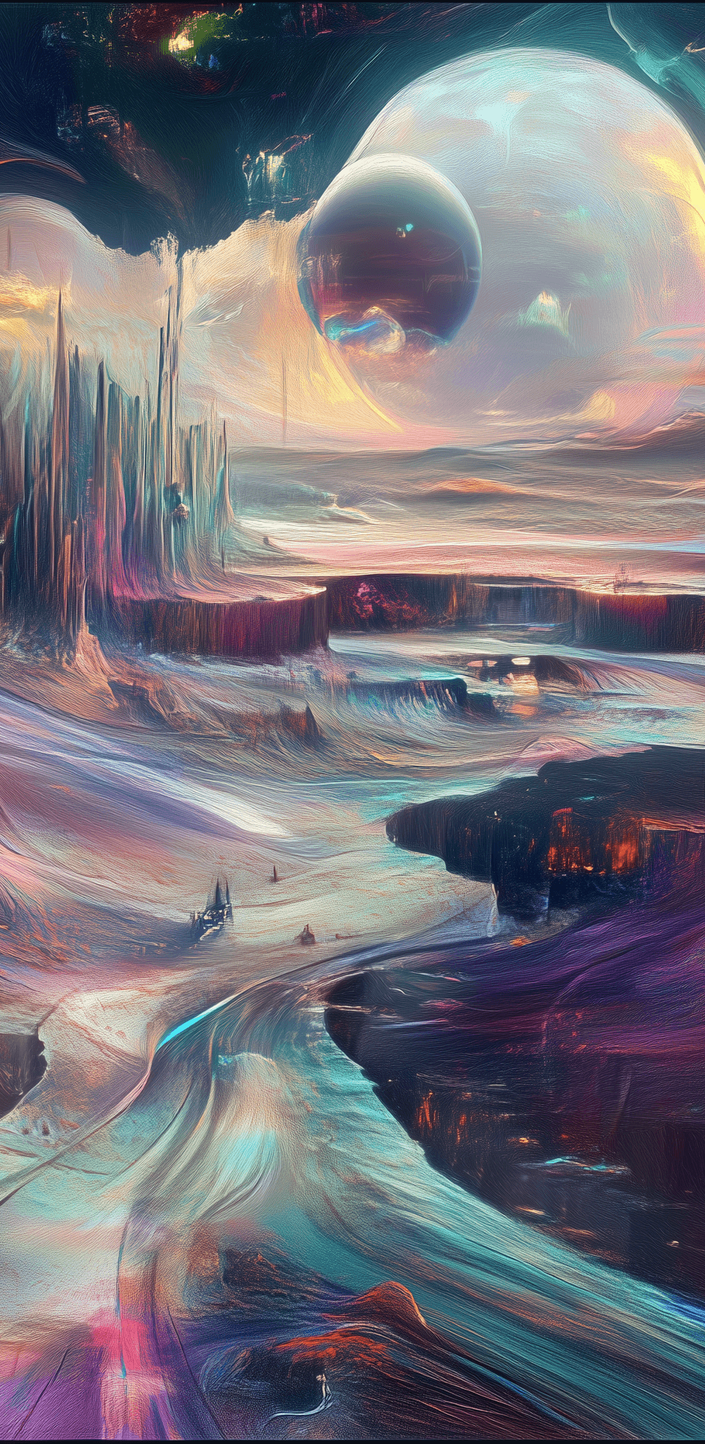 paisaje surrealista generado con midjourney v7, con ríos de luz, estructuras alienígenas y un planeta gigante en el cielo, estilo digital onírico y detallado