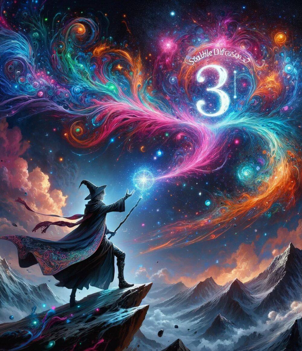 Mago con túnica y sombrero puntiagudo invocando una galaxia espiral de colores vibrantes en el cielo nocturno sobre montañas nevadas
