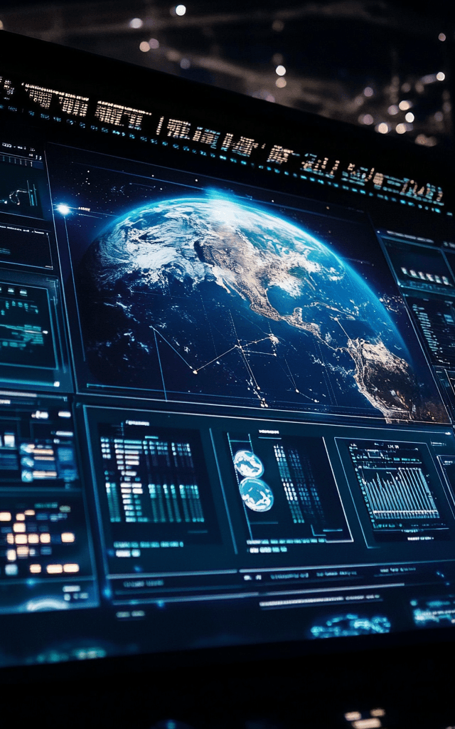 Panel de control futurista del Earth Copilot de la NASA, mostrando la Tierra en tiempo real junto a gráficos y datos geoespaciales avanzados, destacando su enfoque tecnológico e innovador