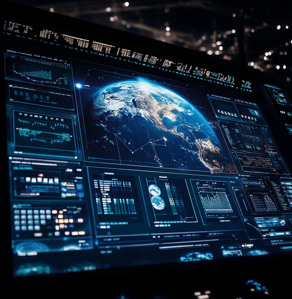 Panel de control futurista del Earth Copilot de la NASA, mostrando la Tierra en tiempo real junto a gráficos y datos geoespaciales avanzados, destacando su enfoque tecnológico e innovador