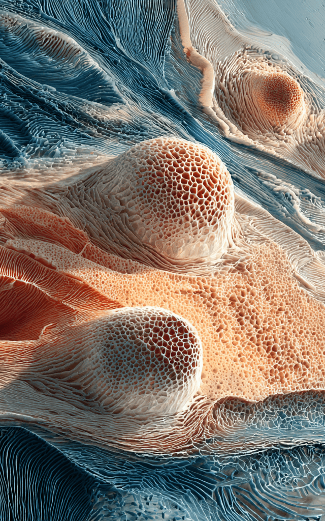 Imagen microscópica artística de células cutáneas que ilustran avances en medicina regenerativa y el atlas unicelular de la piel humana
