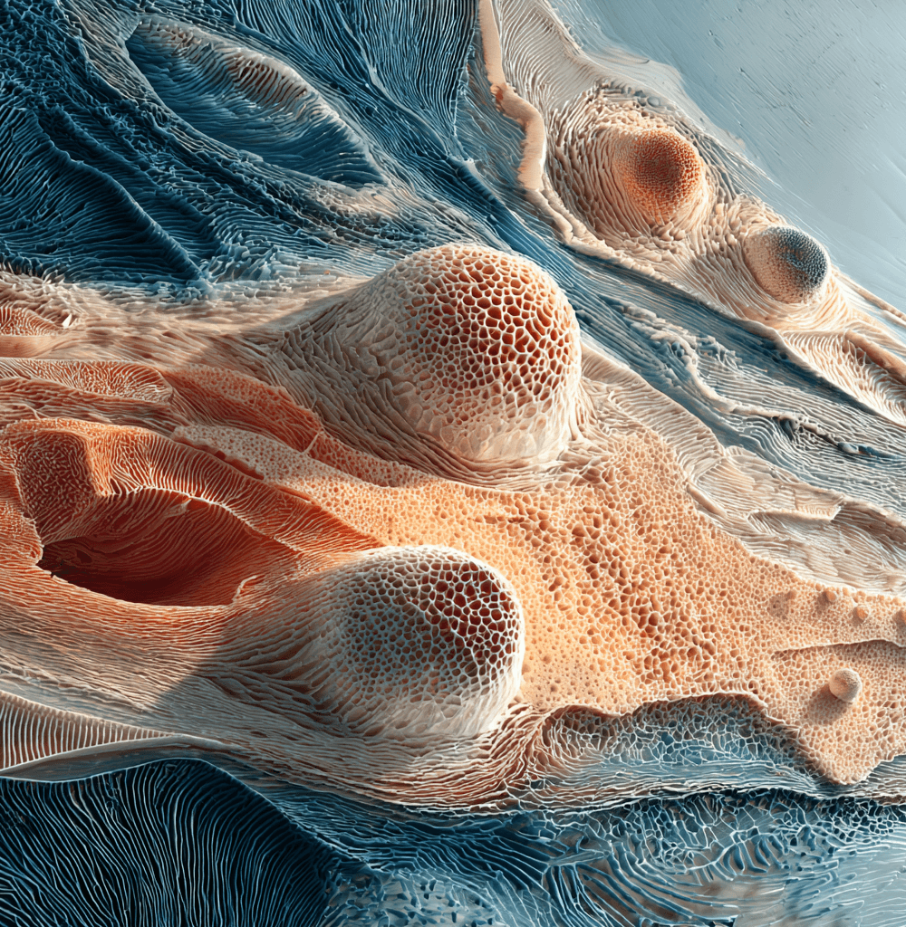 Imagen microscópica artística de células cutáneas que ilustran avances en medicina regenerativa y el atlas unicelular de la piel humana