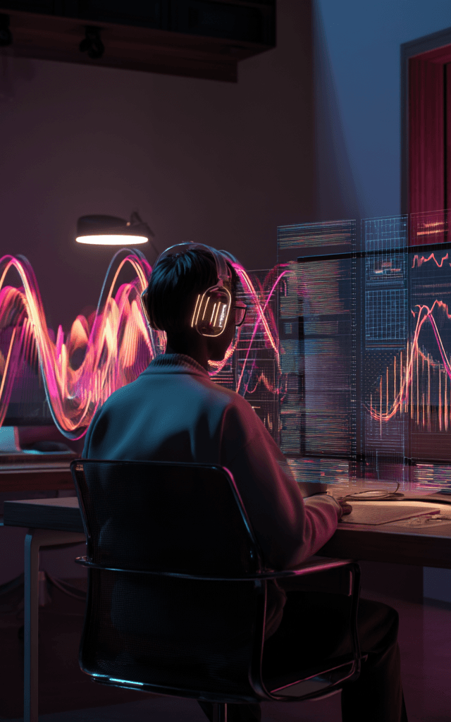 Persona trabajando en un escritorio con auriculares futuristas, rodeado de hologramas de ondas de sonido y gráficos digitales en un entorno tecnológico con iluminación neón