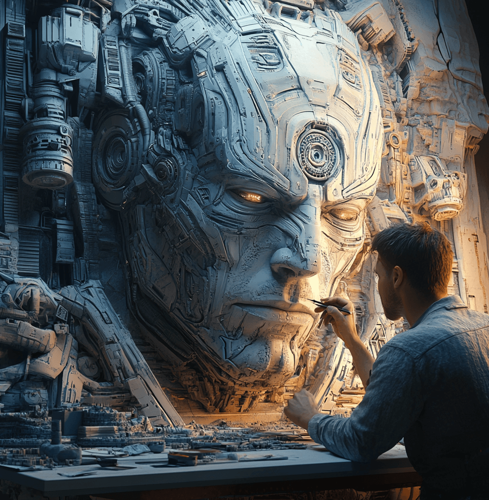 Un hombre trabaja minuciosamente en una monumental escultura de estética futurista, con un rostro robótico repleto de detalles mecánicos y toques cibernéticos