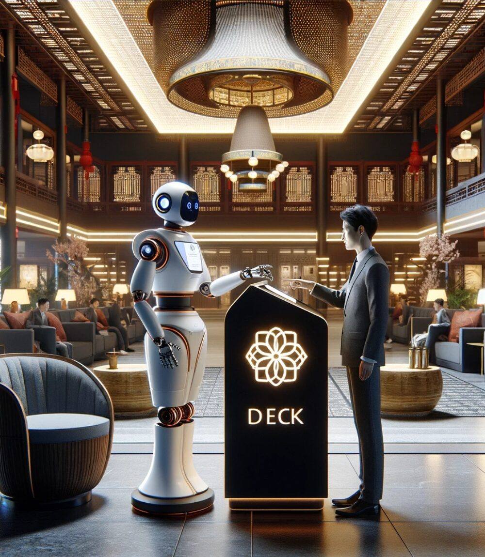 Recepción futurista con robot de servicio interactiva saludando a un huésped humano en un lujoso lobby de hotel. La decoración combina estilos tradicionales y modernos, con iluminación cálida y muebles elegantes. El robot junto a un moderno podio con el logo 'DECK' iluminado que acentúa el ambiente innovador y tecnológico