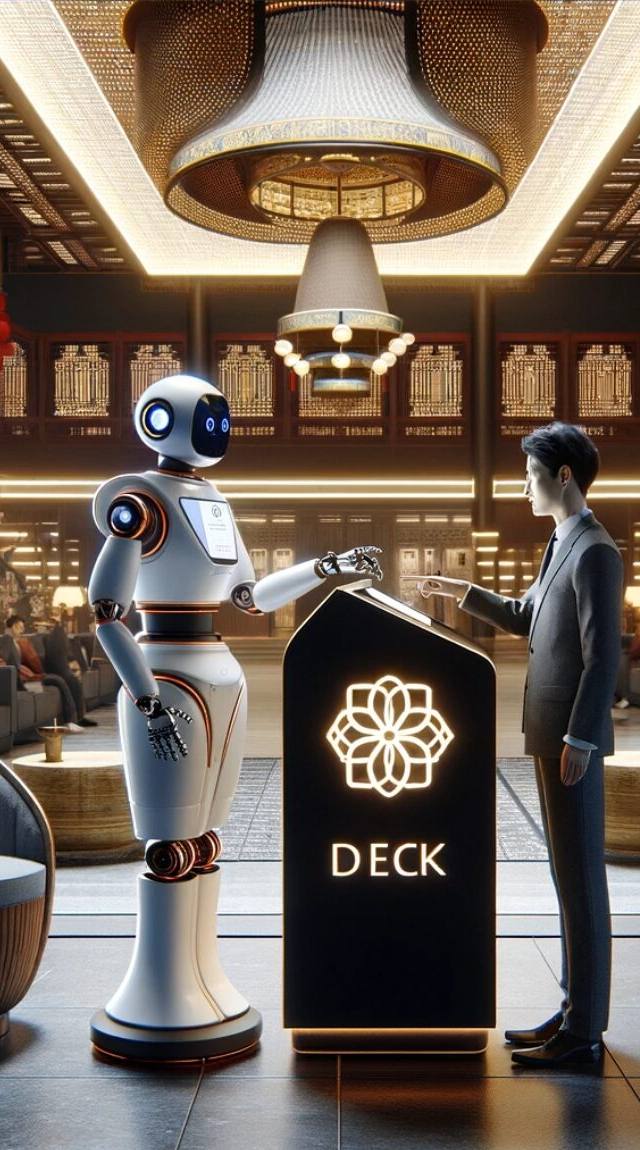 Recepción futurista con robot de servicio interactiva saludando a un huésped humano en un lujoso lobby de hotel. La decoración combina estilos tradicionales y modernos, con iluminación cálida y muebles elegantes. El robot junto a un moderno podio con el logo 'DECK' iluminado que acentúa el ambiente innovador y tecnológico