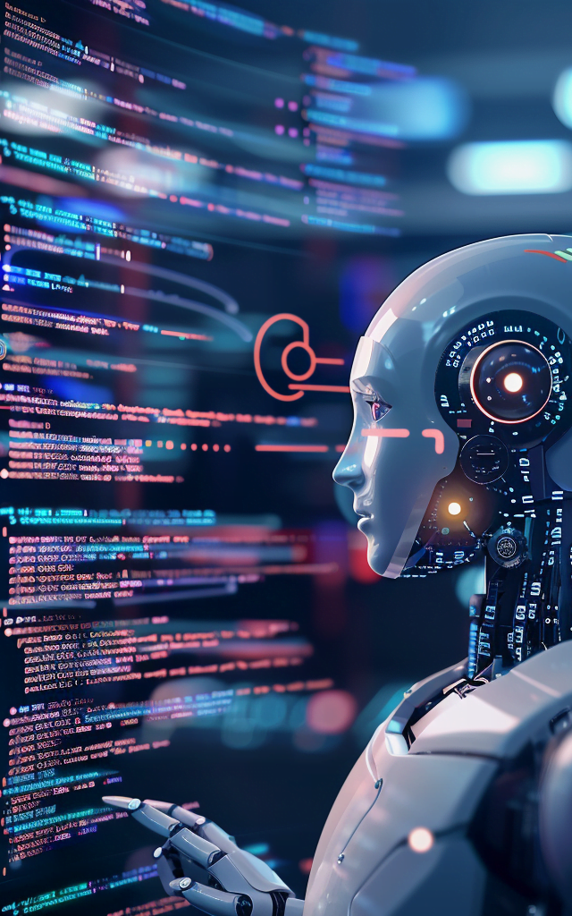 Un robot de inteligencia artificial analizando líneas de código en un entorno de desarrollo tecnológico avanzado, representando las capacidades de generación de código
