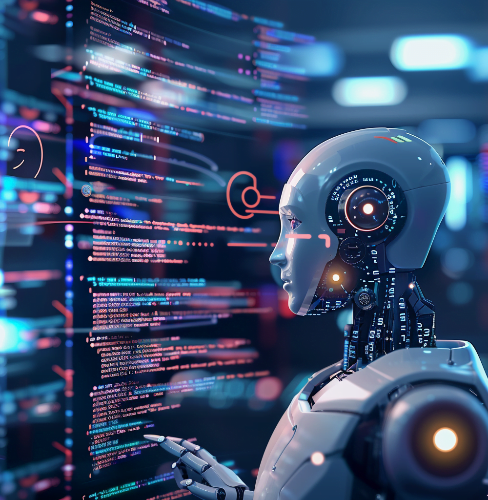 Un robot de inteligencia artificial analizando líneas de código en un entorno de desarrollo tecnológico avanzado, representando las capacidades de generación de código