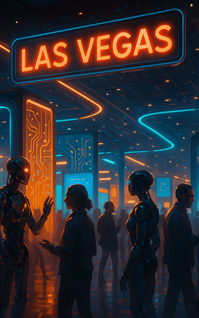 Ambiente de CES 2026 con robots y chips en exhibición