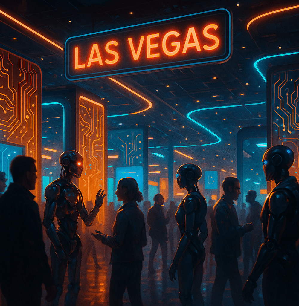 Ambiente de CES 2026 con robots y chips en exhibición