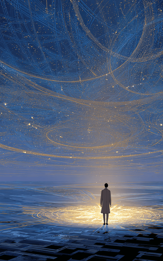 ilustración conceptual de ChatGPT Atlas, una figura humana contemplando un océano de datos luminosos que simboliza la exploración inteligente del conocimiento digital
