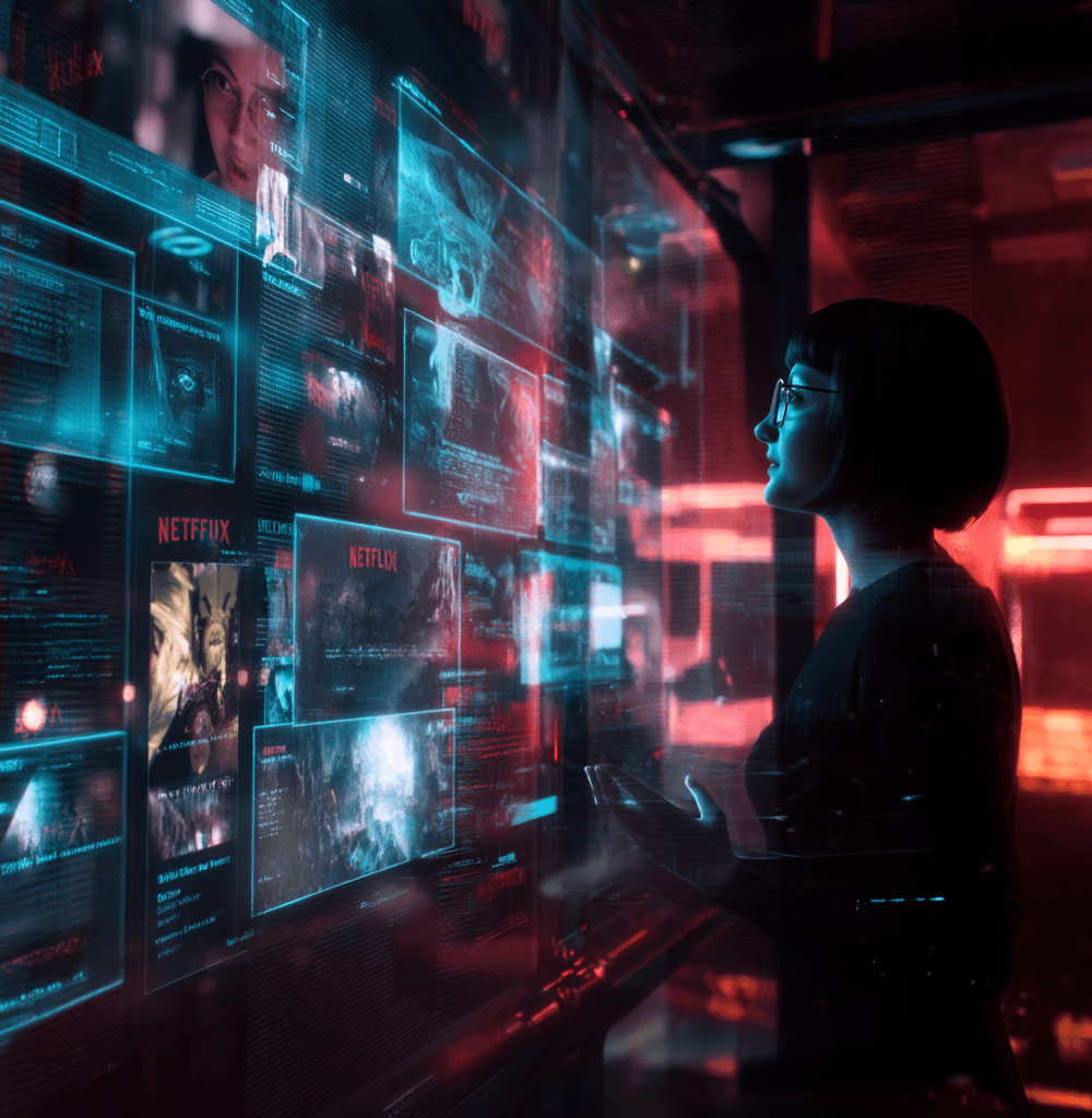 mujer interactuando con una interfaz futurista que muestra recomendaciones de netflix generadas por inteligencia artificial