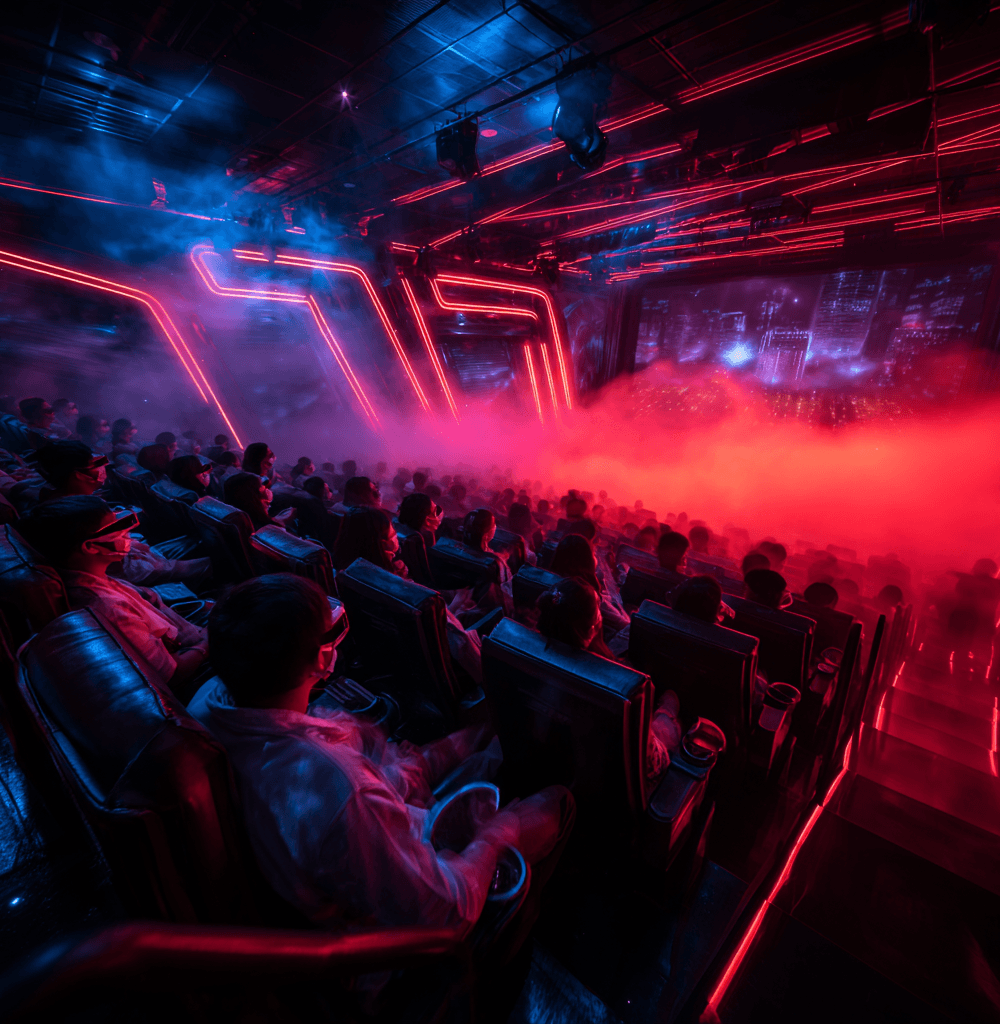 Espectadores en una sala de cine 7D en China disfrutando una experiencia inmersiva con efectos de niebla, luces y movimiento sincronizado