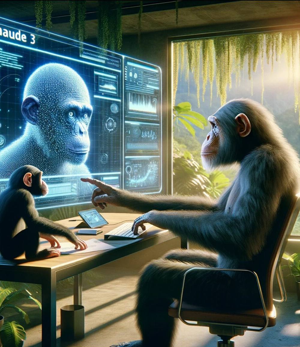 Un chimpancé inteligente se sienta en una silla de oficina moderna, utilizando una computadora portátil y señalando con su dedo a una pantalla holográfica grande que muestra el perfil de otro chimpancé en un estilo gráfico futurista. Se encuentran en un entorno de oficina con vegetación exuberante y una ventana que da a una selva espesa, iluminada por la luz natural que sugiere innovación y armonía con la naturaleza
