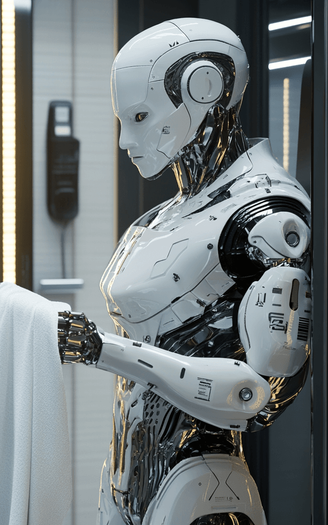 Un robot humanoide futurista de aspecto realista sosteniendo una toalla blanca en un entorno moderno e iluminado, destacando su diseño anatómico con músculos y articulaciones visibles