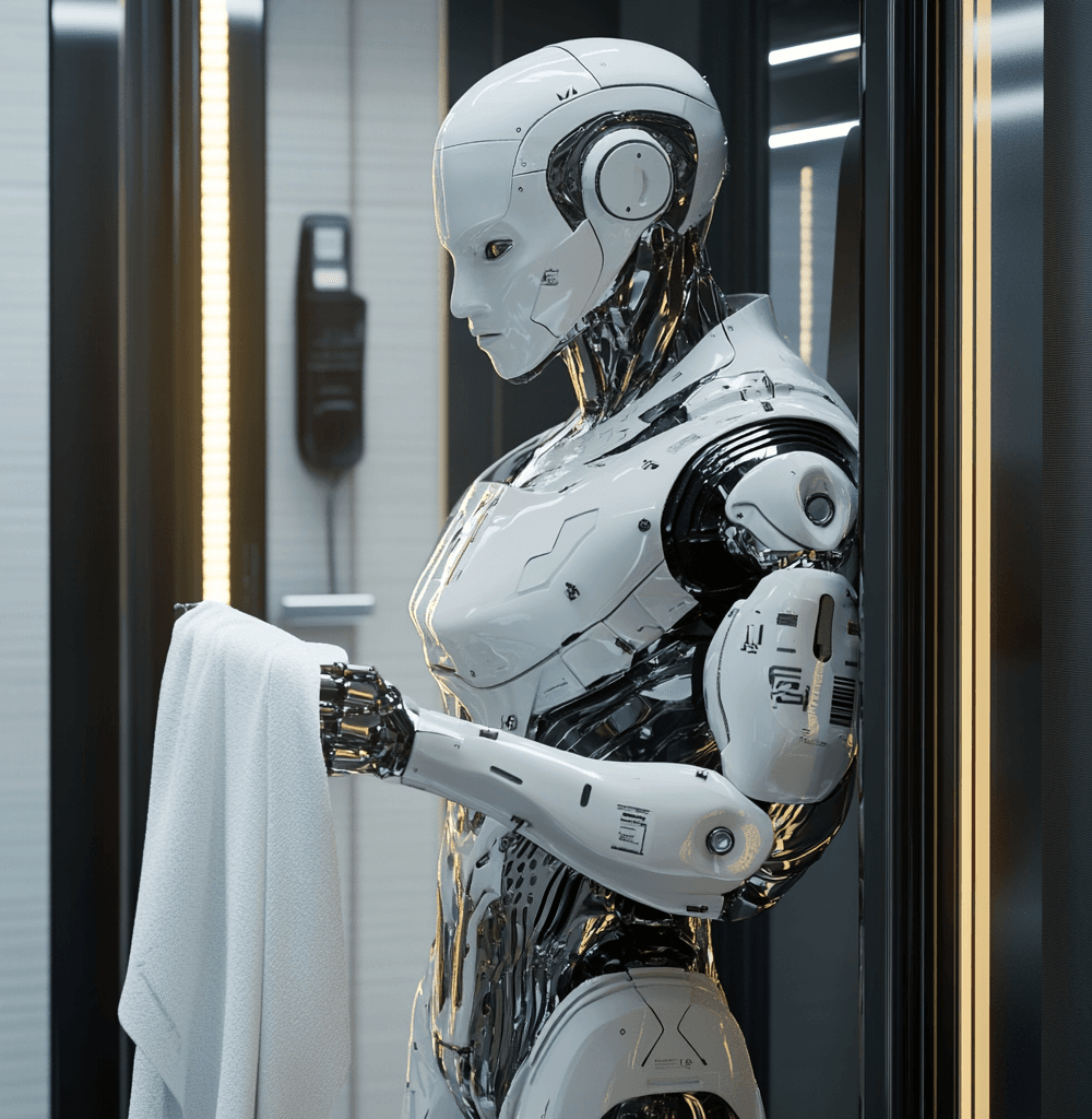Un robot humanoide futurista de aspecto realista sosteniendo una toalla blanca en un entorno moderno e iluminado, destacando su diseño anatómico con músculos y articulaciones visibles