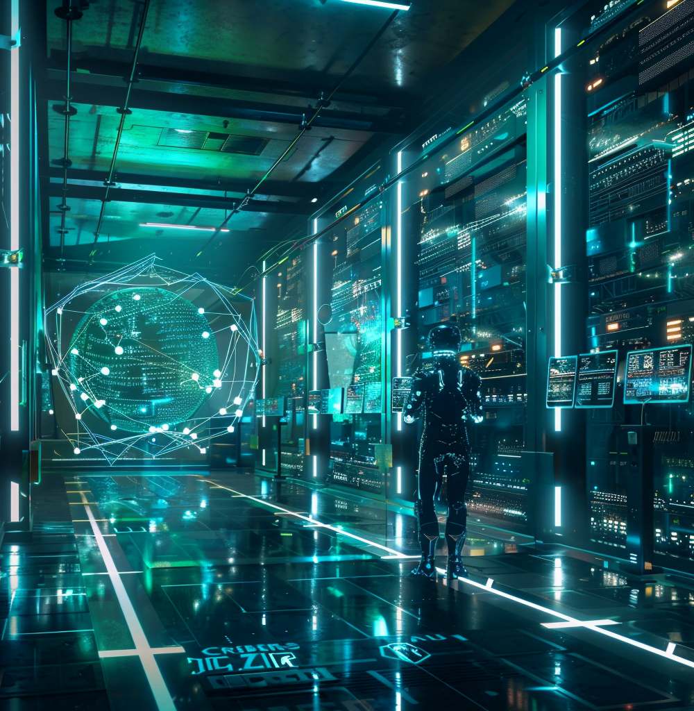 Un futurista centro de datos ultra-moderno iluminado con luces azules y verdes brillantes. La imagen destaca un chip avanzado con interfaces holográficas y brazos robóticos gestionando el hardware. Representación visual del flujo de datos e interconectividad, enfatizando la velocidad y eficiencia. La atmósfera es elegante, limpia y de última tecnología, reflejando la innovación e impacto en la industria de la inteligencia artificial