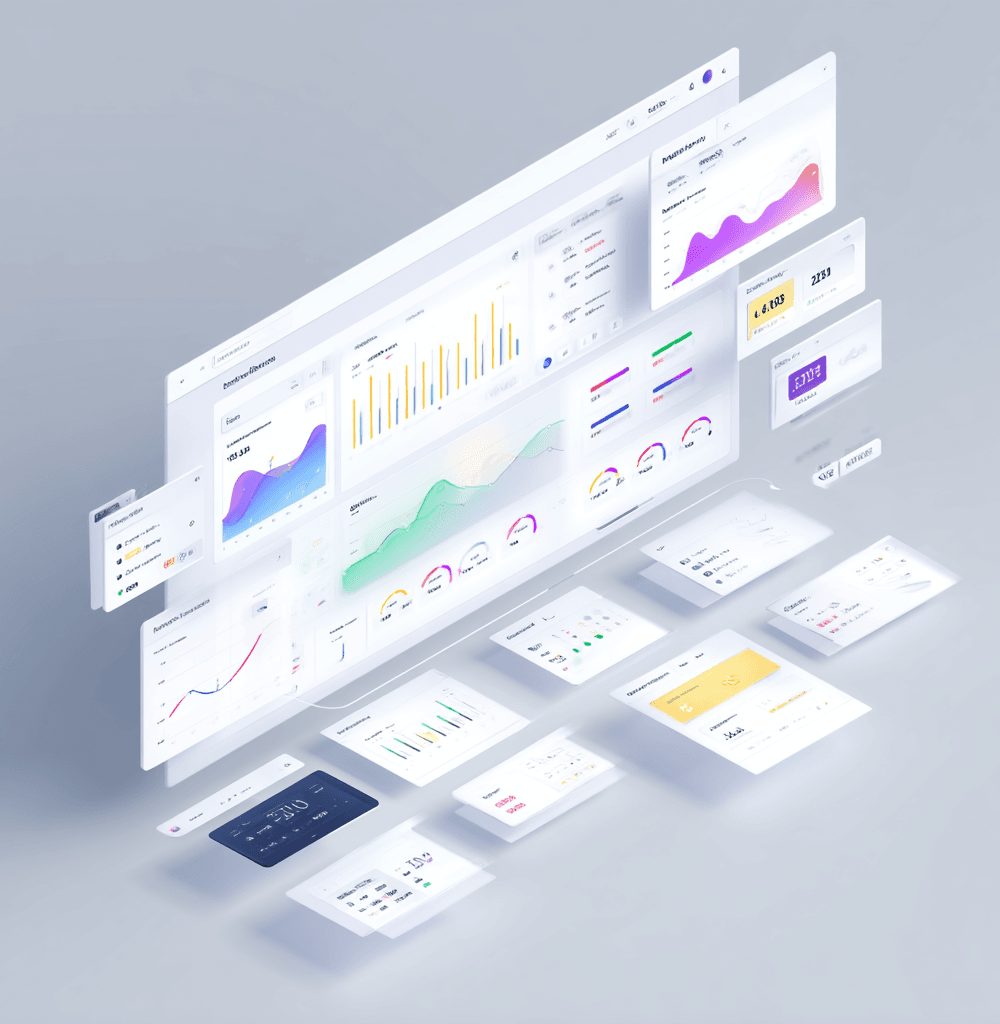 Interfaz futurista de dashboard empresarial con múltiples paneles flotantes de visualización de datos, gráficos de líneas, barras, indicadores de rendimiento y métricas clave en un entorno digital minimalista