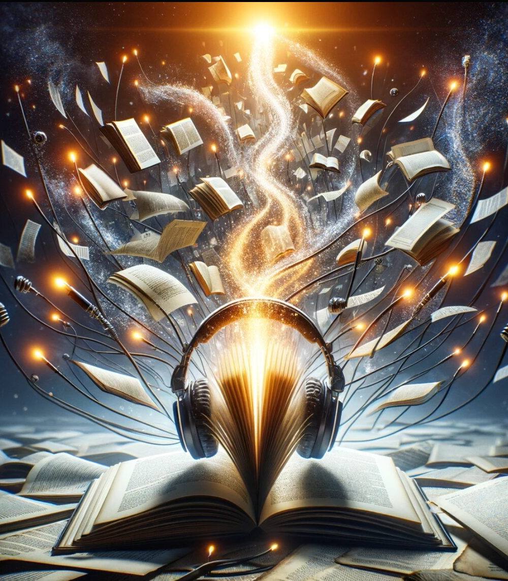 Un libro mágico desplegando sus páginas hacia un cielo nocturno con bombillas iluminadas y una luz central que irradia partículas brillantes, simbolizando un desbordamiento de conocimiento e imaginación