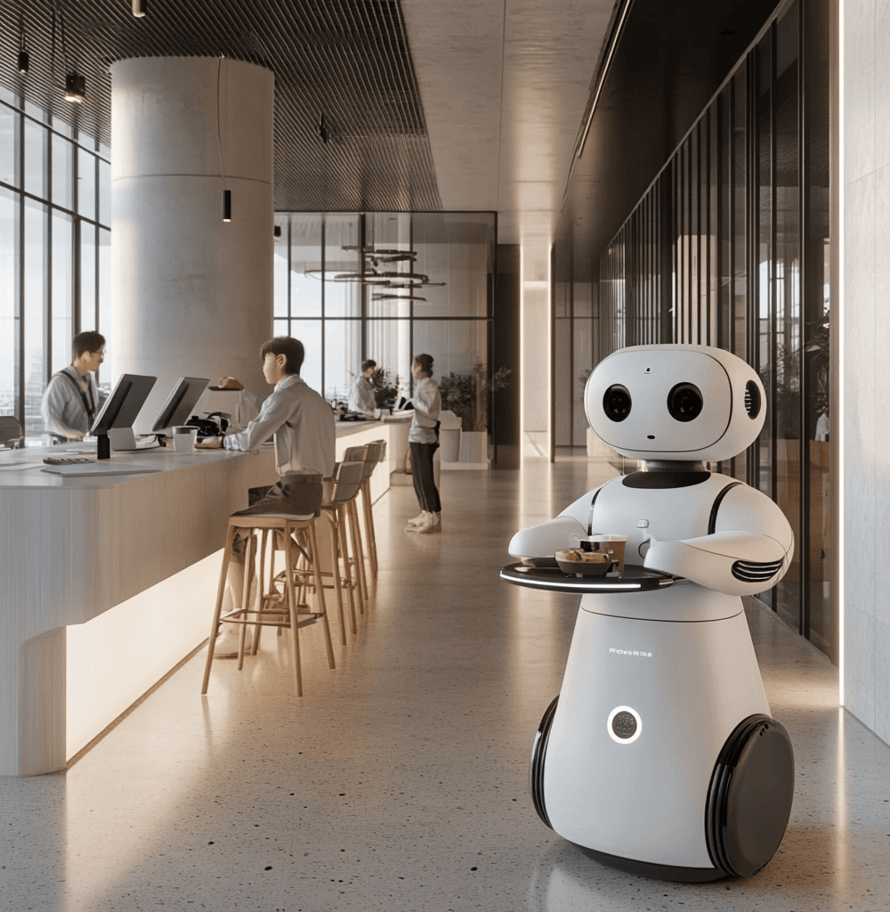 Robot Rookie entregando café en una moderna oficina del edificio 1784 de Naver, representando la colaboración entre tecnología y empleados en un entorno futurista