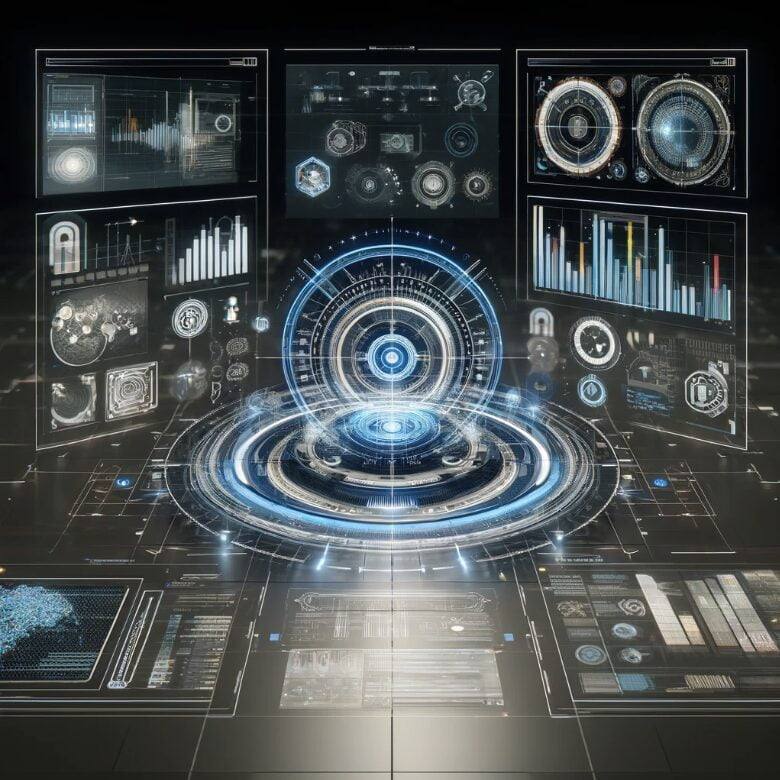 Interfaz de centro de comando digital avanzado con múltiples paneles de visualización holográficos que muestran gráficos en tiempo real, métricas de datos y diagramas de sistemas en una sala de control futurista