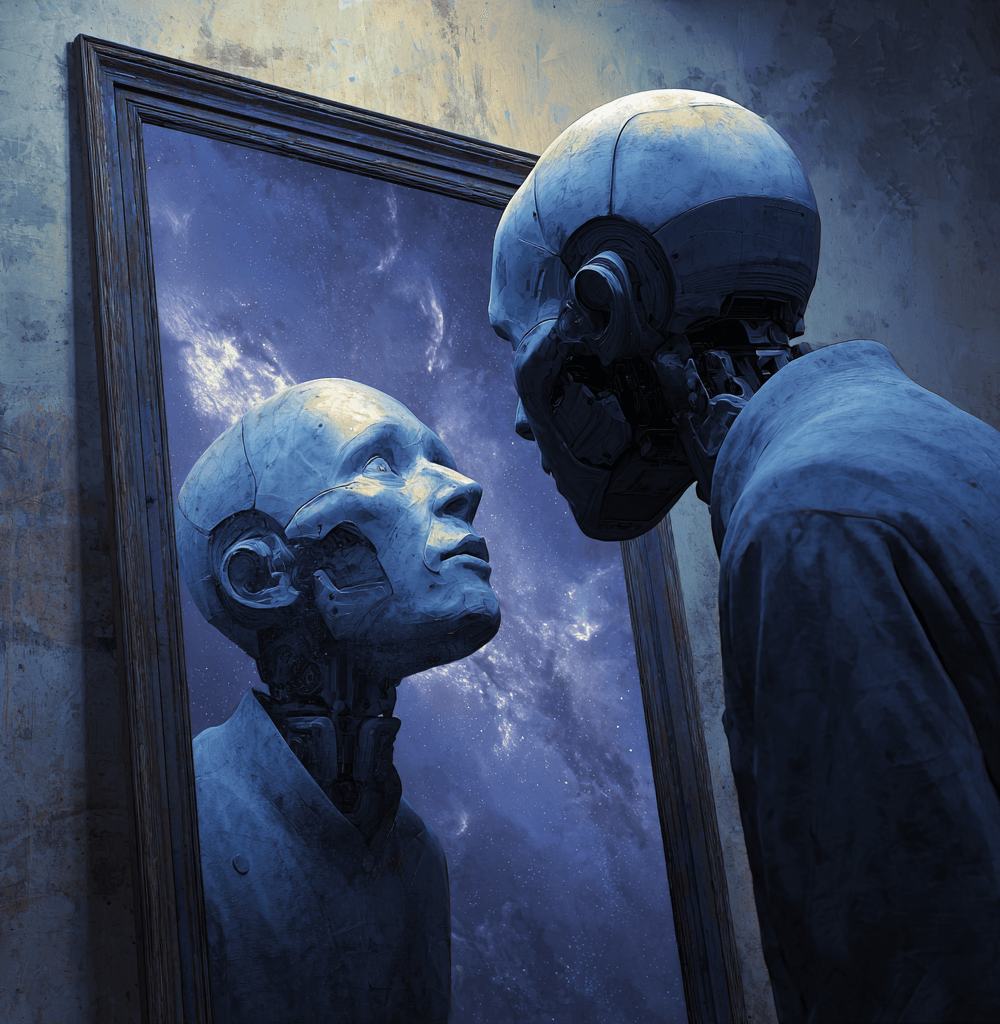 Un androide se mira al espejo contemplando el cosmos, simbolizando el despertar de la conciencia artificial