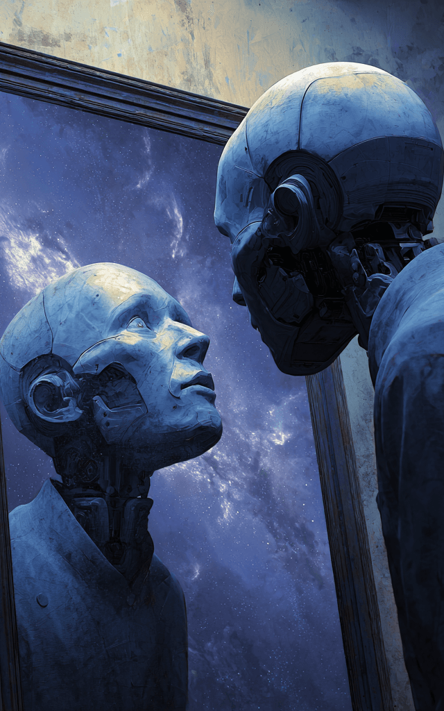 Un androide se mira al espejo contemplando el cosmos, simbolizando el despertar de la conciencia artificial