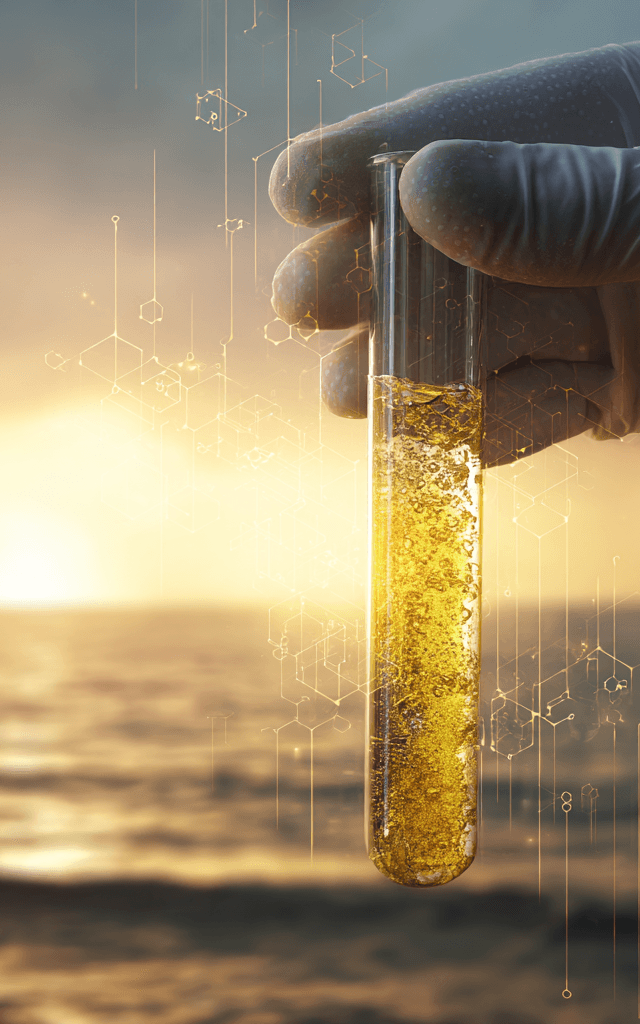 Mano con guante sosteniendo un tubo de ensayo con agua purificada al atardecer frente al mar, representando tecnología para convertir agua del mar en potable
