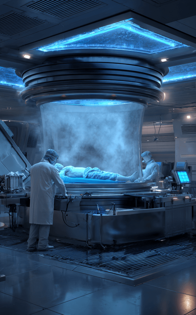científicos en laboratorio futurista realizando un procedimiento de criopreservación humana con cuerpo conservado en cápsula criogénica y ambiente controlado por tecnología avanzada