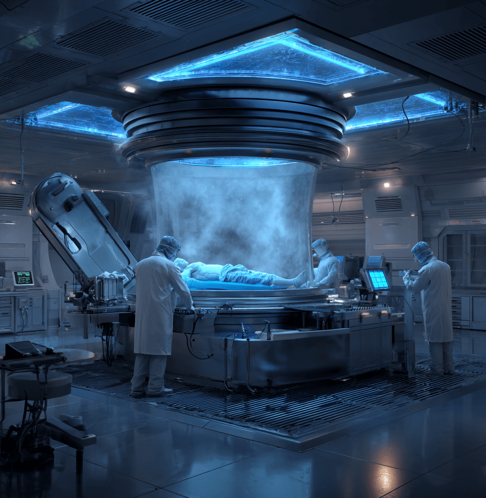 científicos en laboratorio futurista realizando un procedimiento de criopreservación humana con cuerpo conservado en cápsula criogénica y ambiente controlado por tecnología avanzada
