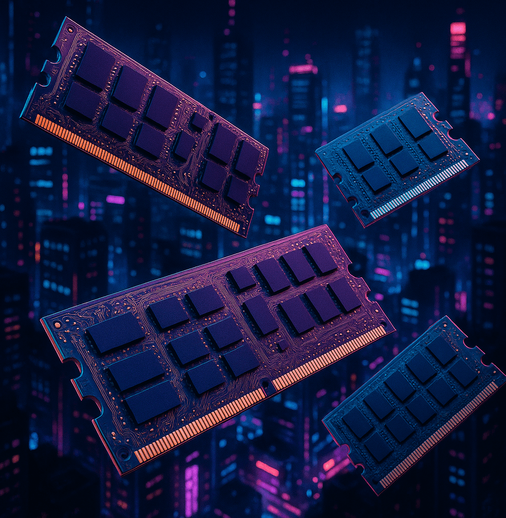 Microchips RAM sobre ciudad nocturna, crisis de la memoria RAM