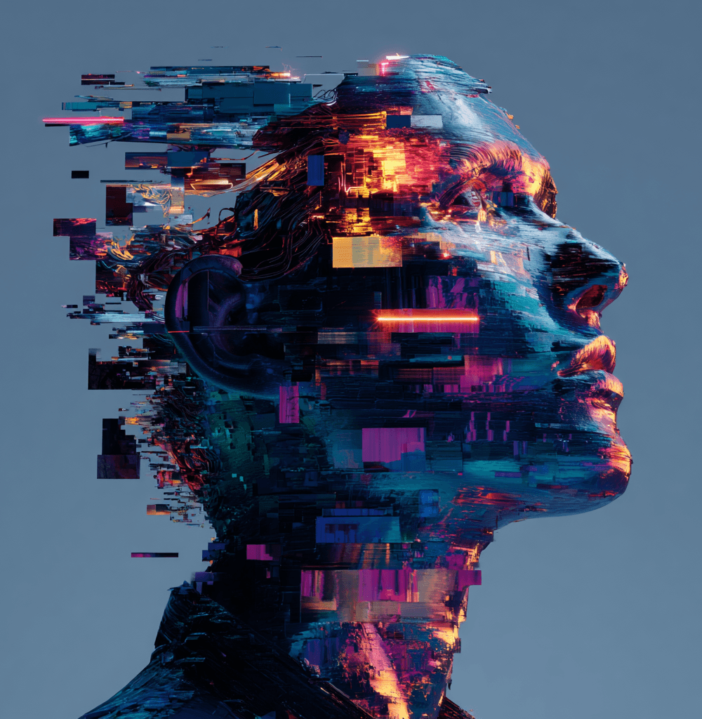 Retrato digital con efectos de glitch representando la estetica de los datos