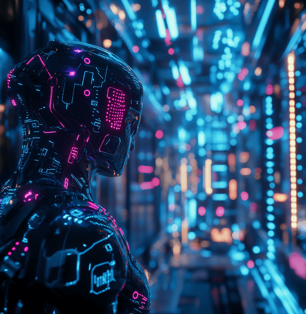 IA futurista con diseño cibernético y luces neon en un entorno tecnológico avanzado, representando el poder de DeepSeek-V2 en la inteligencia artificial de 2025