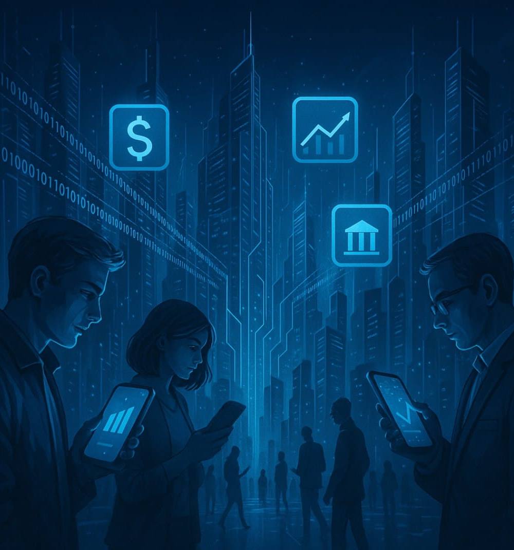 Ilustración digital en estilo futurista que representa el concepto de fintech: una ciudad moderna con rascacielos tecnológicos, personas usando aplicaciones financieras en sus smartphones y flujos de datos digitales en un entorno iluminado en azul metálico
