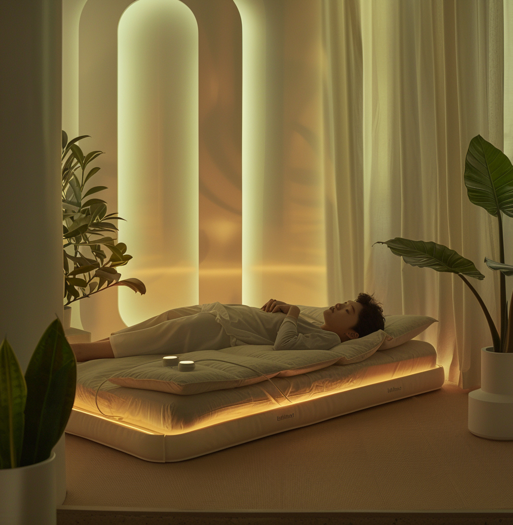 Persona durmiendo con el dispositivo Elemind en un dormitorio moderno y tranquilo