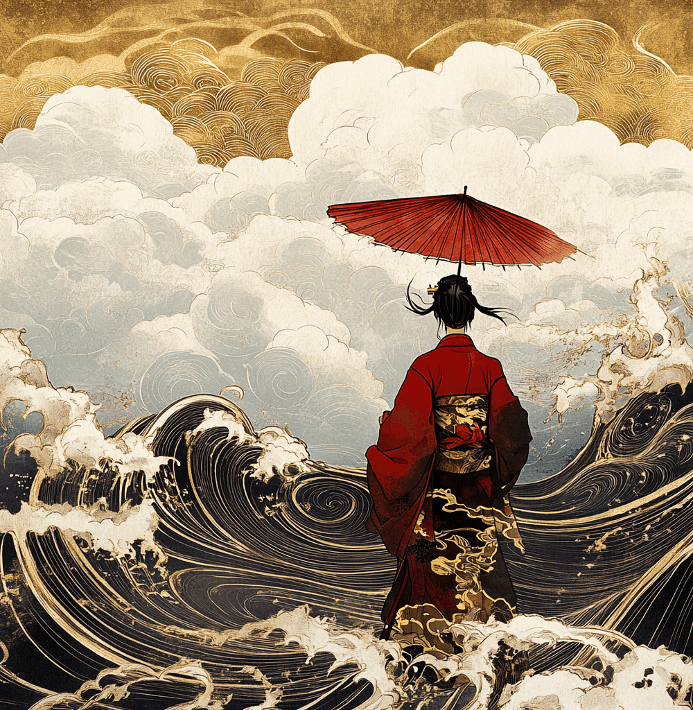 Ilustración ukiyo-e de una mujer con kimono rojo y paraguas, rodeada de olas estilizadas, simbolizando el avance y la evolución de GPT 4.5.