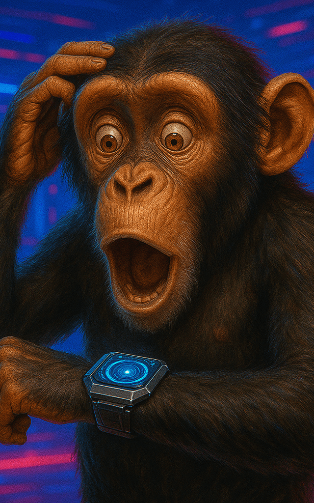 Chimpancé sorprendido mirando un smartwatch futurista, ideal para ilustrar artículos sobre los mejores smartwatches del mercado y tecnología innovadoraun mono con un reloj