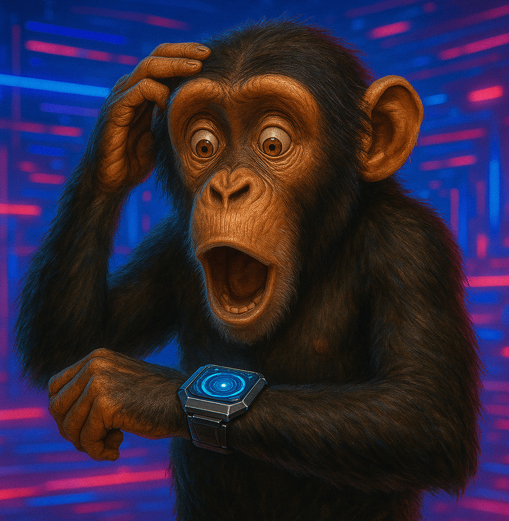 Chimpancé sorprendido mirando un smartwatch futurista, ideal para ilustrar artículos sobre los mejores smartwatches del mercado y tecnología innovadoraun mono con un reloj