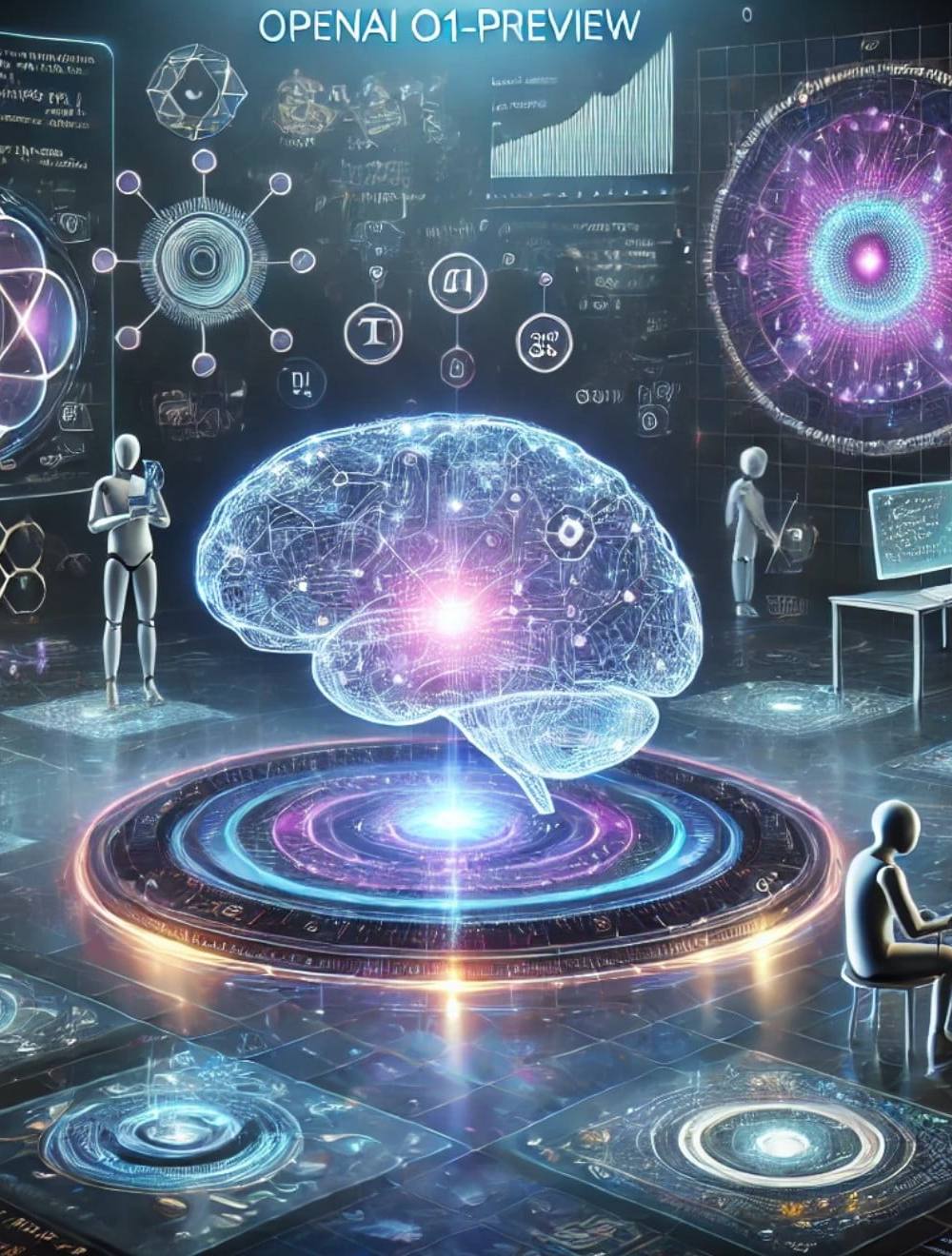 representación futurista de openai o1 con cerebro digital, fórmulas matemáticas y símbolos de codificación, en un entorno de pantallas holográficas y redes neuronales