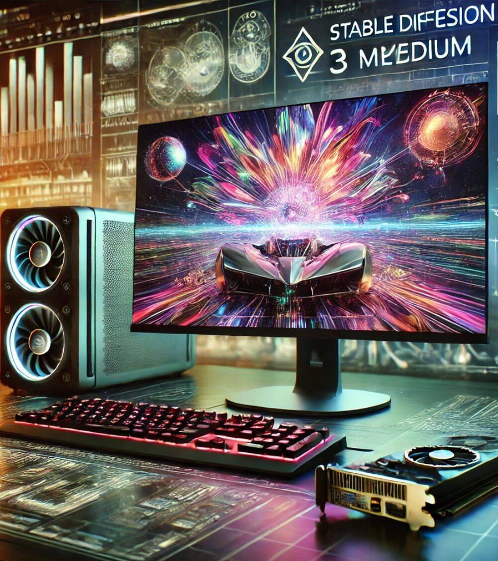 Escena futurista de alta tecnología mostrando Stable Diffusion 3 Medium, el modelo de IA más avanzado para la generación de imágenes. La imagen presenta una configuración de computadora elegante con múltiples monitores que muestran imágenes fotorrealistas creadas por la IA, rodeada de elementos tecnológicos como GPUs y diagramas de redes neuronales. En el fondo, un paisaje digital vibrante que combina arte y tecnología, destacando las capacidades avanzadas de Stable Diffusion 3 Medium