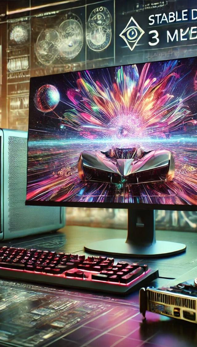 Escena futurista de alta tecnología mostrando Stable Diffusion 3 Medium, el modelo de IA más avanzado para la generación de imágenes. La imagen presenta una configuración de computadora elegante con múltiples monitores que muestran imágenes fotorrealistas creadas por la IA, rodeada de elementos tecnológicos como GPUs y diagramas de redes neuronales. En el fondo, un paisaje digital vibrante que combina arte y tecnología, destacando las capacidades avanzadas de Stable Diffusion 3 Medium