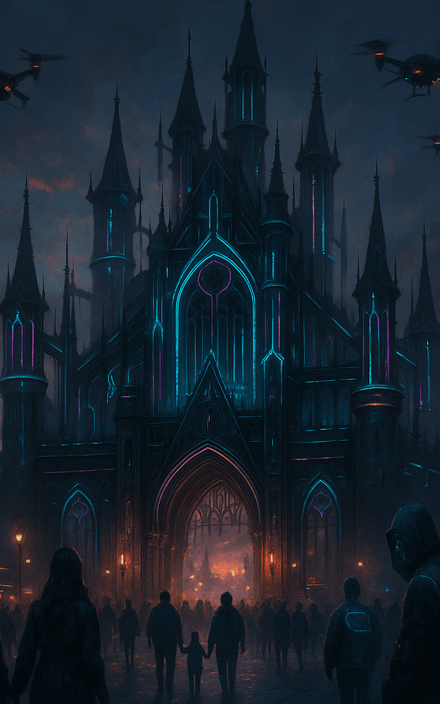 Entrada nocturna de Dracula Land Rumanía con luces neón y castillo