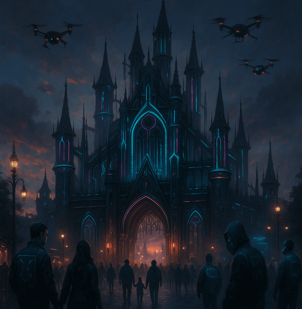 Entrada nocturna de Dracula Land Rumanía con luces neón y castillo