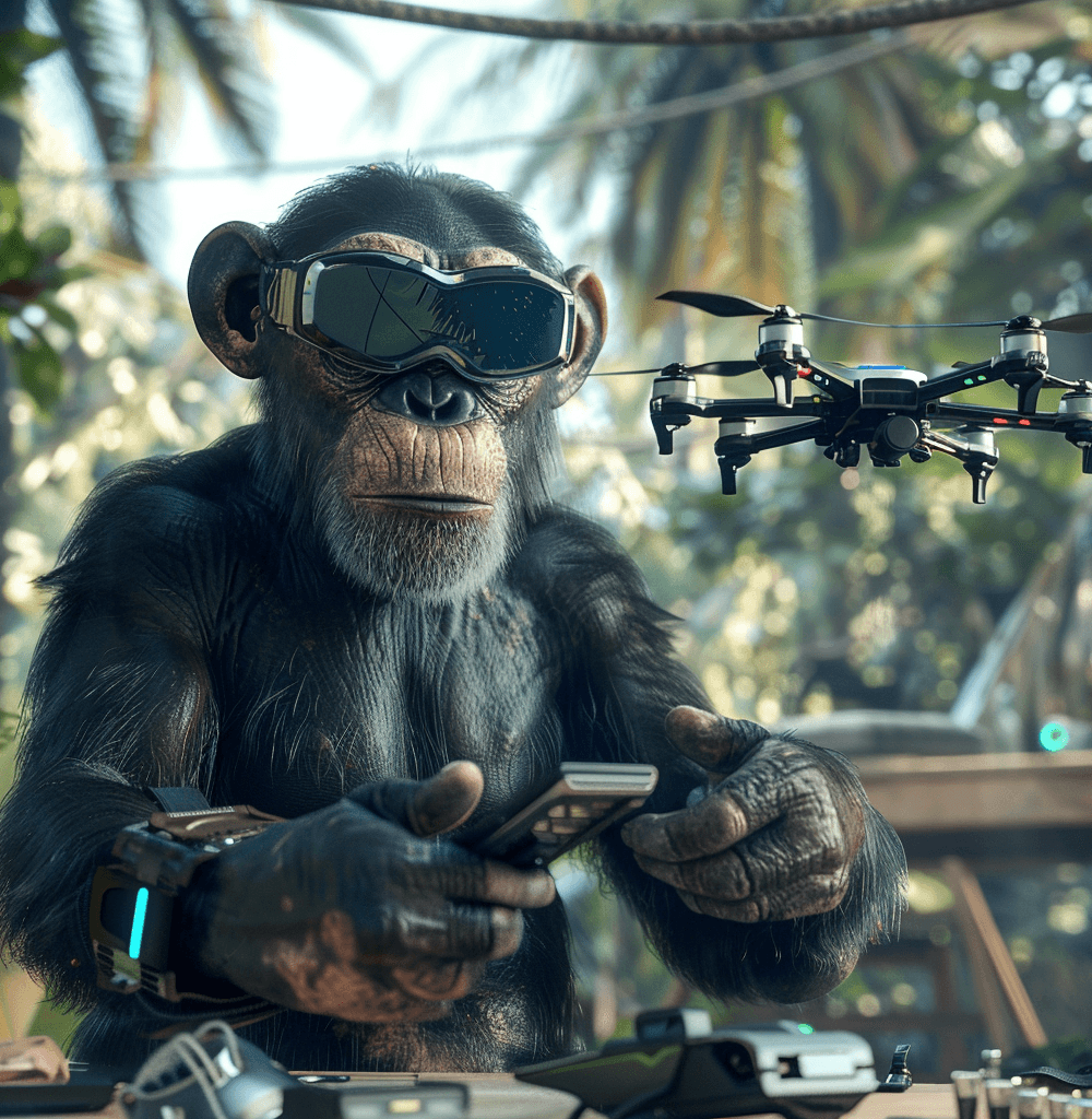 Chimpancé con gafas futuristas controlando un dron con un mando a distancia en una selva tecnológica