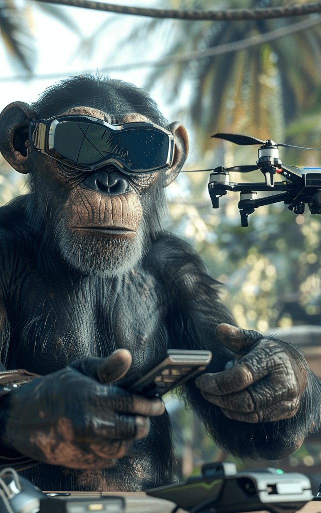Chimpancé con gafas futuristas controlando un dron con un mando a distancia en una selva tecnológica