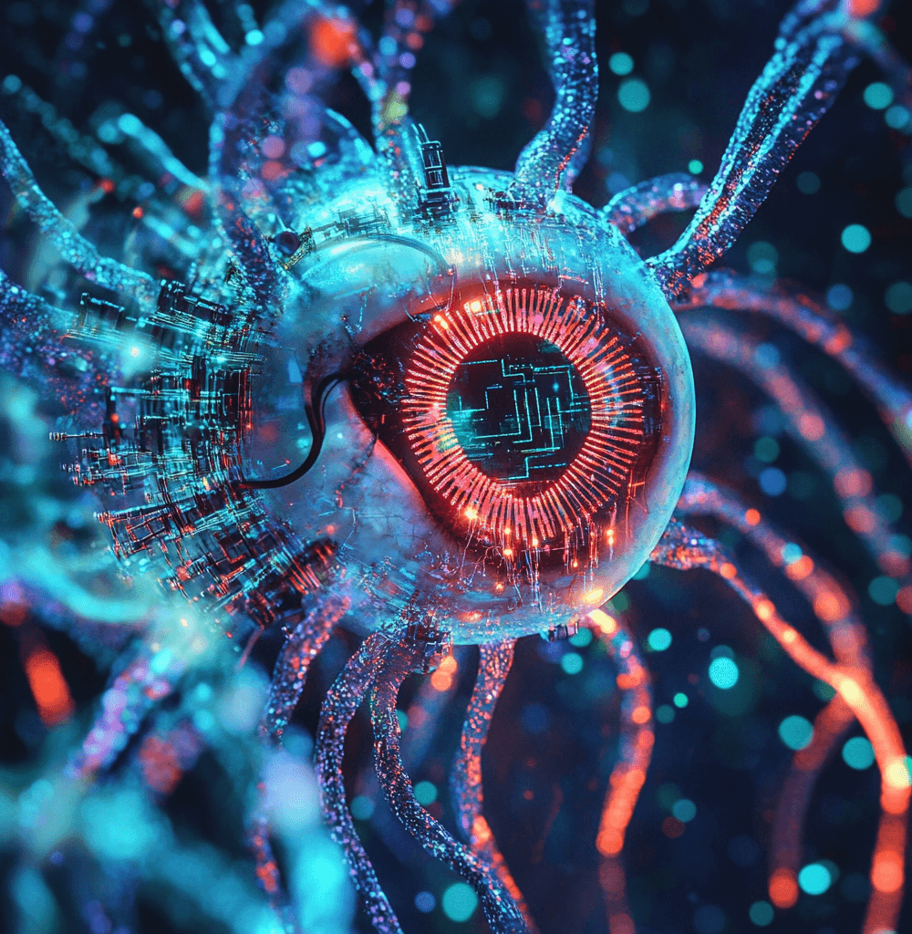 epresentación futurista de un ojo biónico con tecnología avanzada, circuitos integrados y conexiones neuronales, simbolizando la visión artificial y la innovación médica