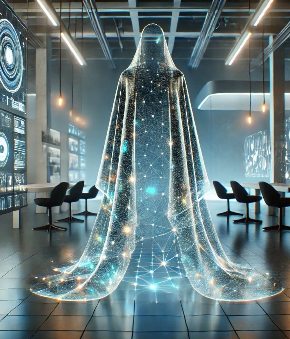 Capa de invisibilidad futurista probada en un laboratorio moderno, con diseño tecnológico avanzado y hologramas que resaltan su capacidad para manipular la luz