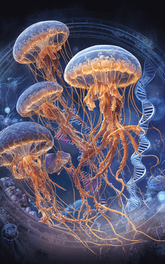 Ilustración artística de la medusa inmortal Turritopsis dohrnii, rodeada de elementos genéticos como cadenas de ADN, representando su capacidad única de revertir el envejecimiento celular.